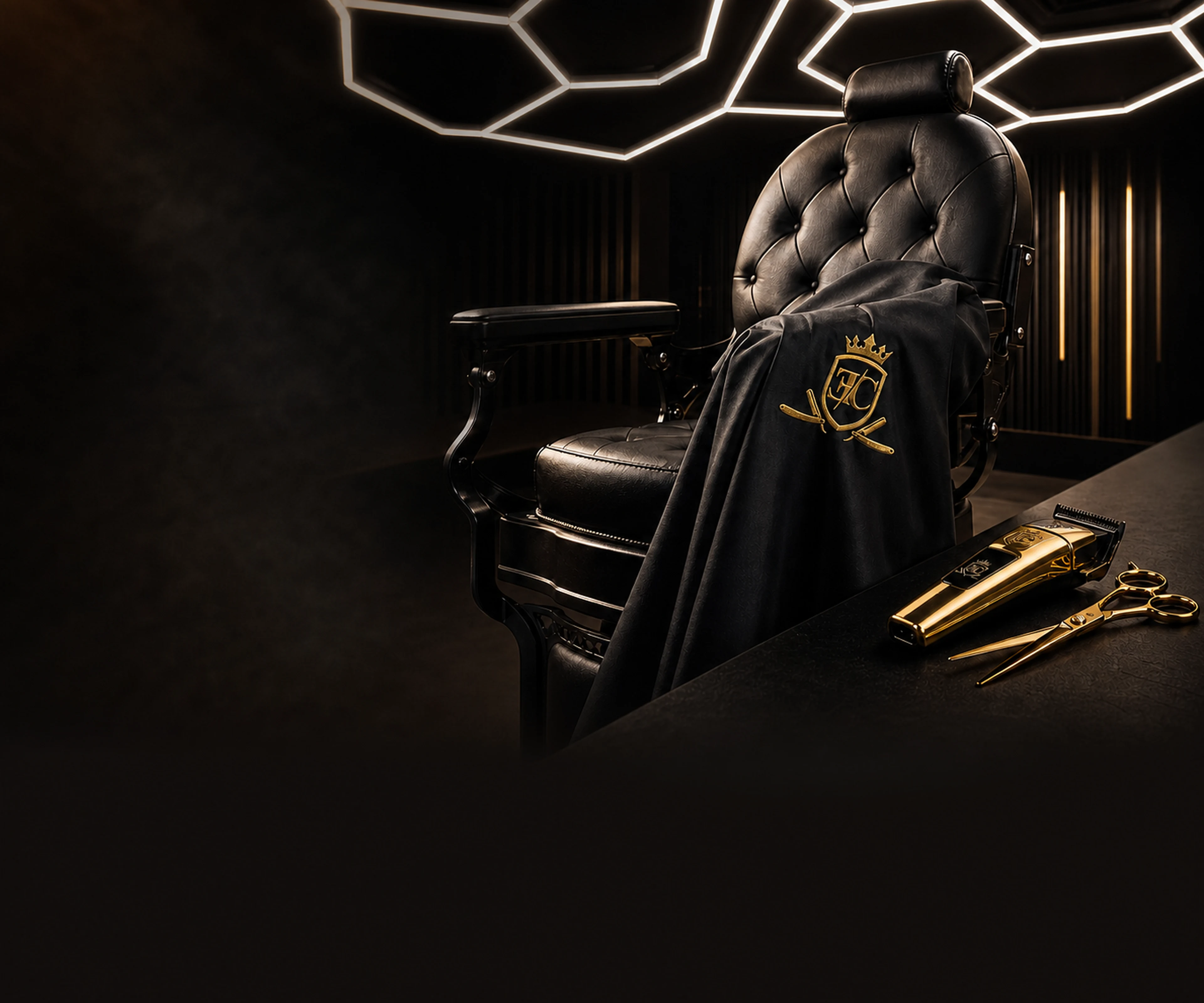 An Empire Cuts barber chair beneath honeycomb lights, with a branded cape, clipper, and shears