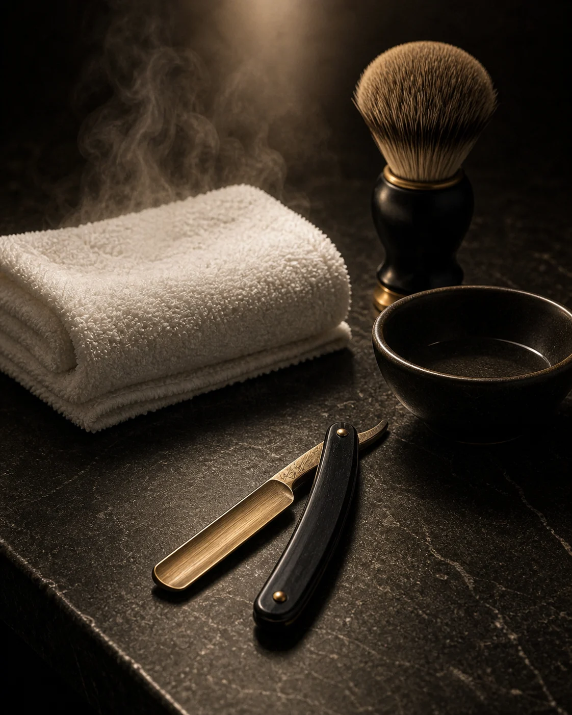 Warm towel grooming ritual prepared in the Empire Cuts black and gold visual style