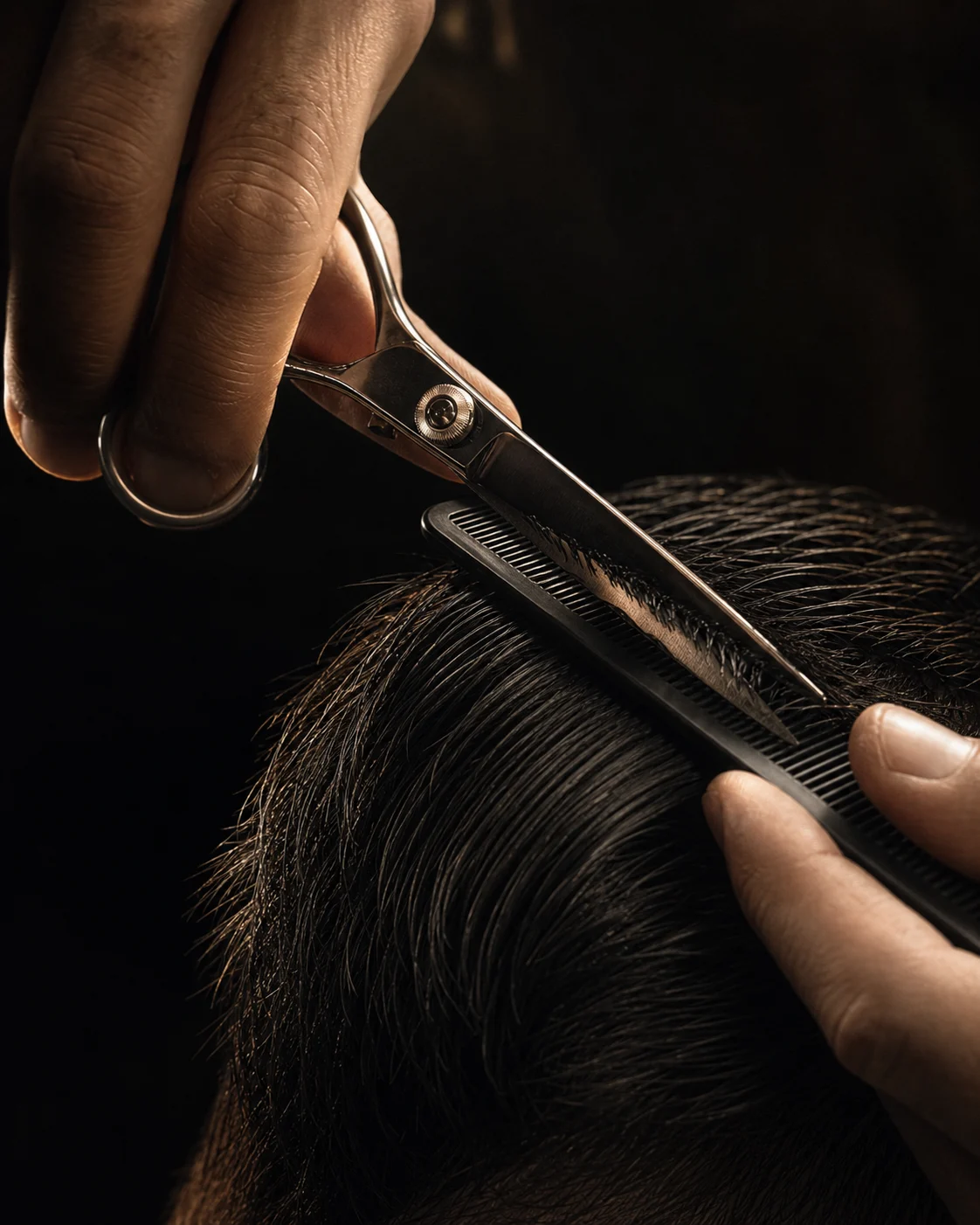 Barber shaping a haircut with precise scissor-over-comb technique