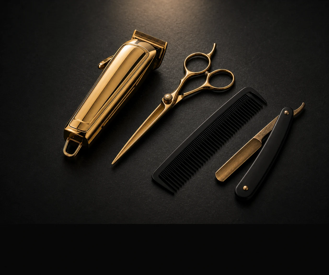 Gold professional barber tools arranged on a black workstation